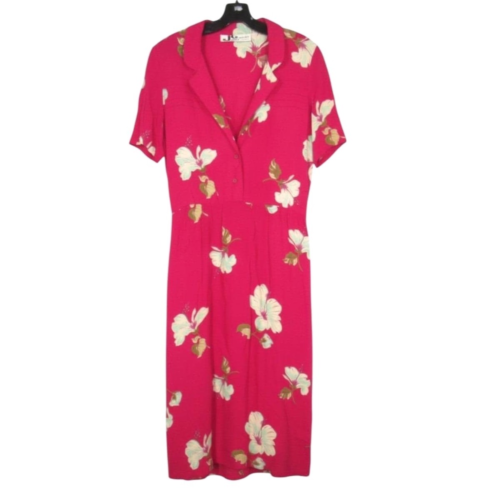 Vtg JODY Of CALIFORNIA Pink Floral PLEATED 1/4 Buttons Crepe Blouson Dress Sz M